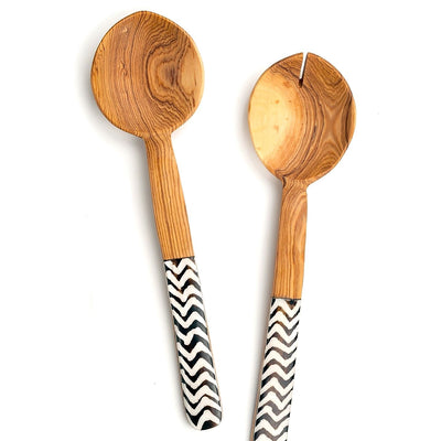 Akija™ Kenyan Zigzag Wild Olive Wood & Cow Bone Servers - Set of 2 Table Linen Show Your Africa 